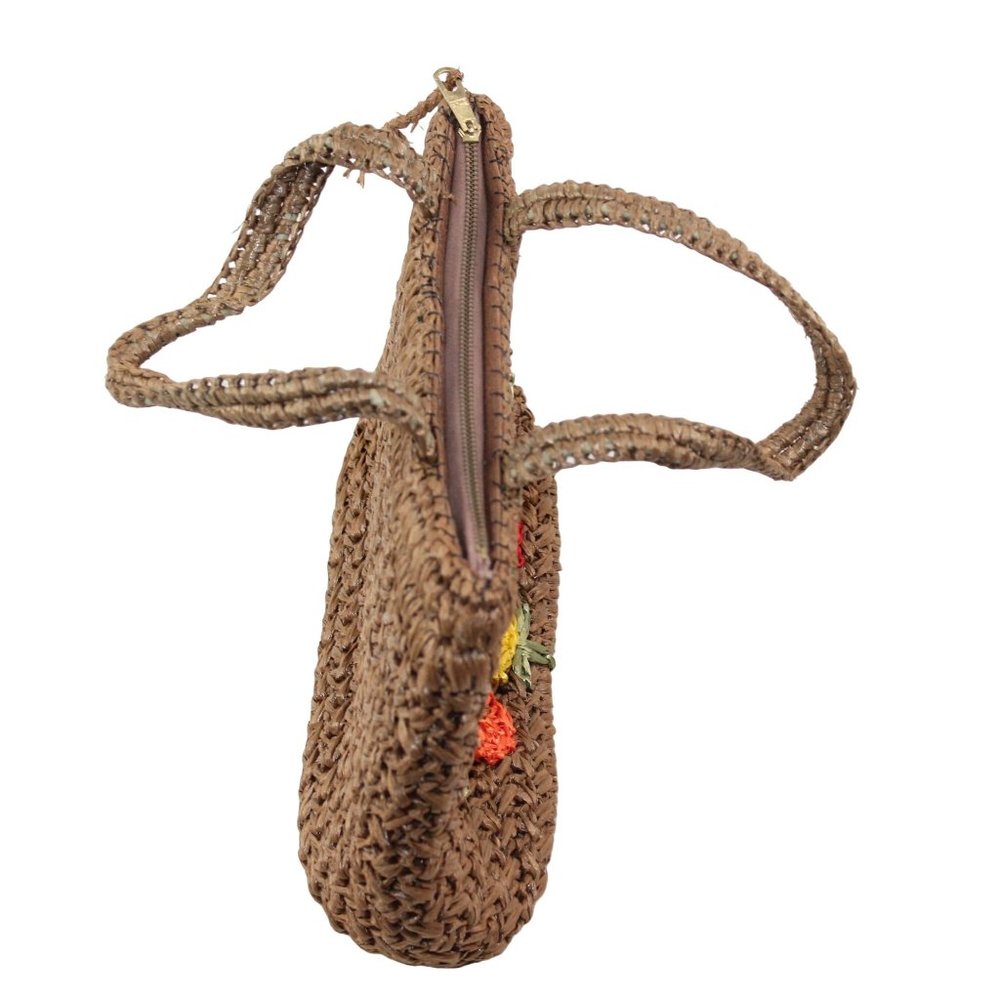 Vintage 1970's Raffia Straw Crochet Floral Embellishments Double Handled Purse - Picture 12 of 16